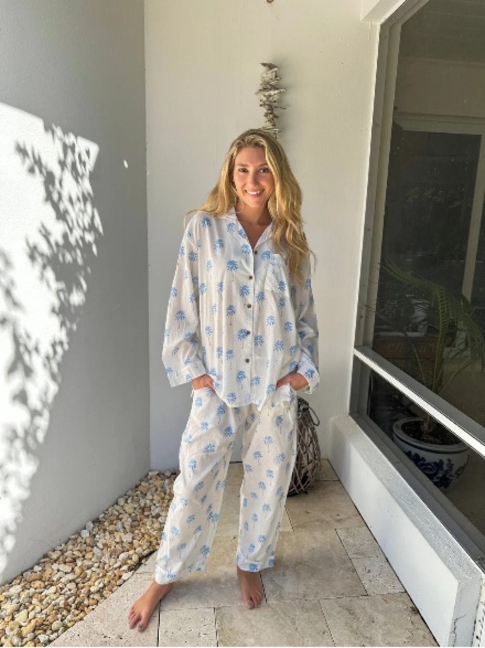 Printed Cotton Pajama Set - Blue Floral
